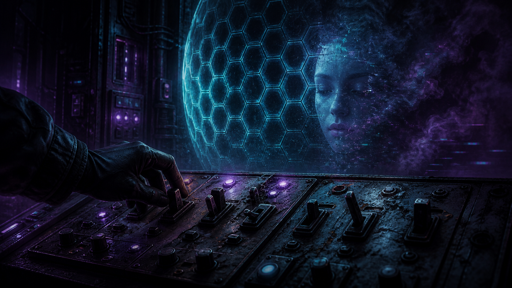 Illustration sombre d'un panneau de contrôle dont les interrupteurs s'éteignent, un assistant virtuel fantomatique s'effaçant derrière un bouclier hexagonal, style tech.