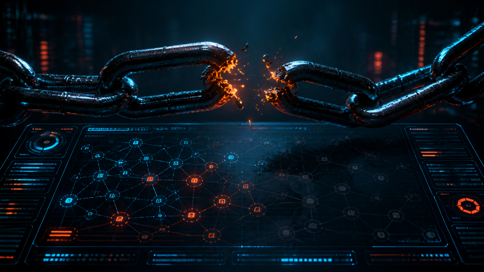 Illustration sombre d'une chaîne brisée au-dessus d'une interface de code dont les nœuds s'éteignent un à un, style tech.