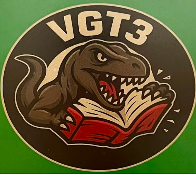 Le logo de l’unité VGT3 d’Amazon à Las Vegas, un dinosaure brandissant un livre, où les livres sont découpés et scannés pour l’entraînement des IA.