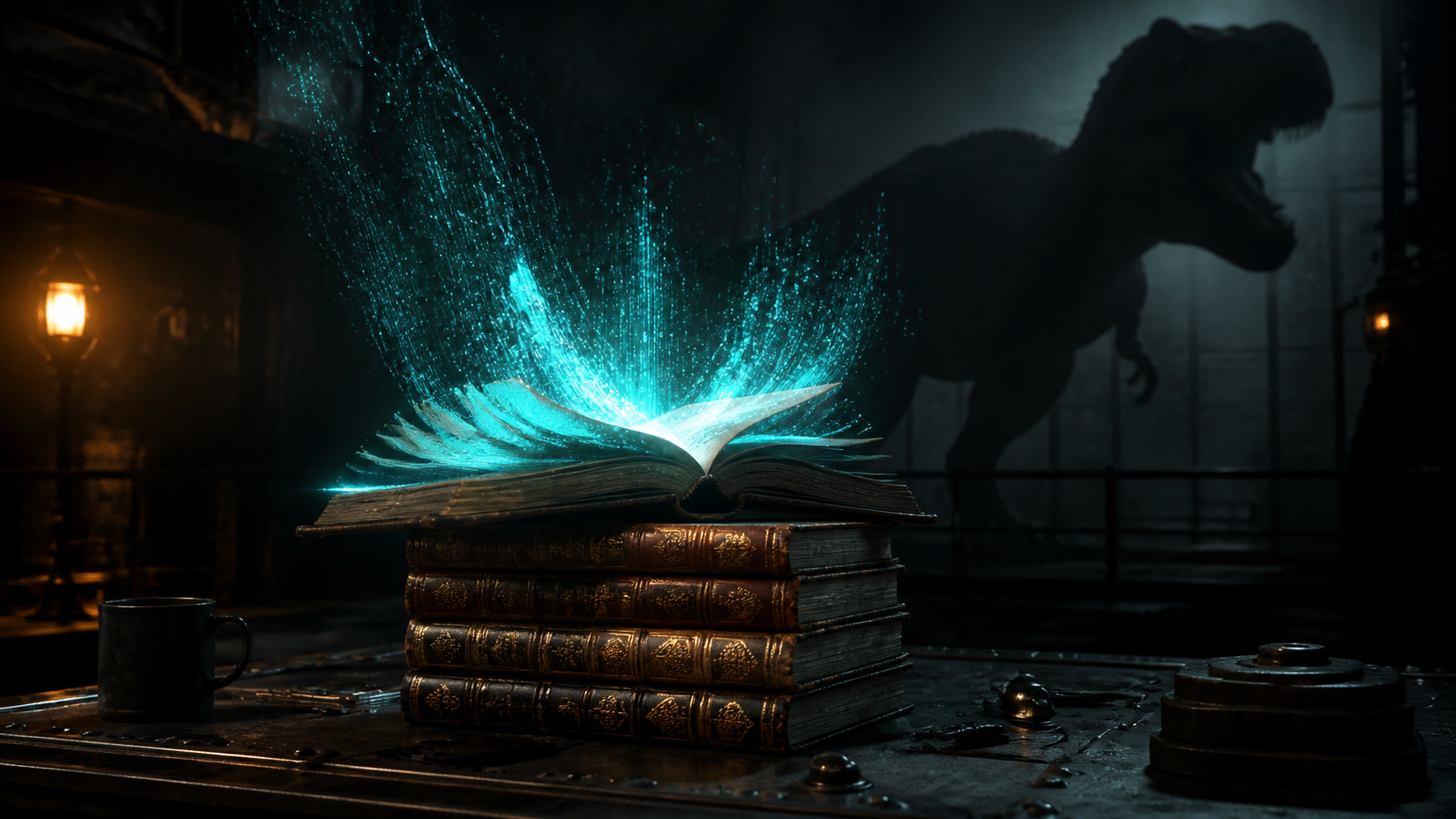 Des livres anciens dont les pages se dissolvent en données numériques lumineuses, illustration de l’appétit des IA pour les livres rares.