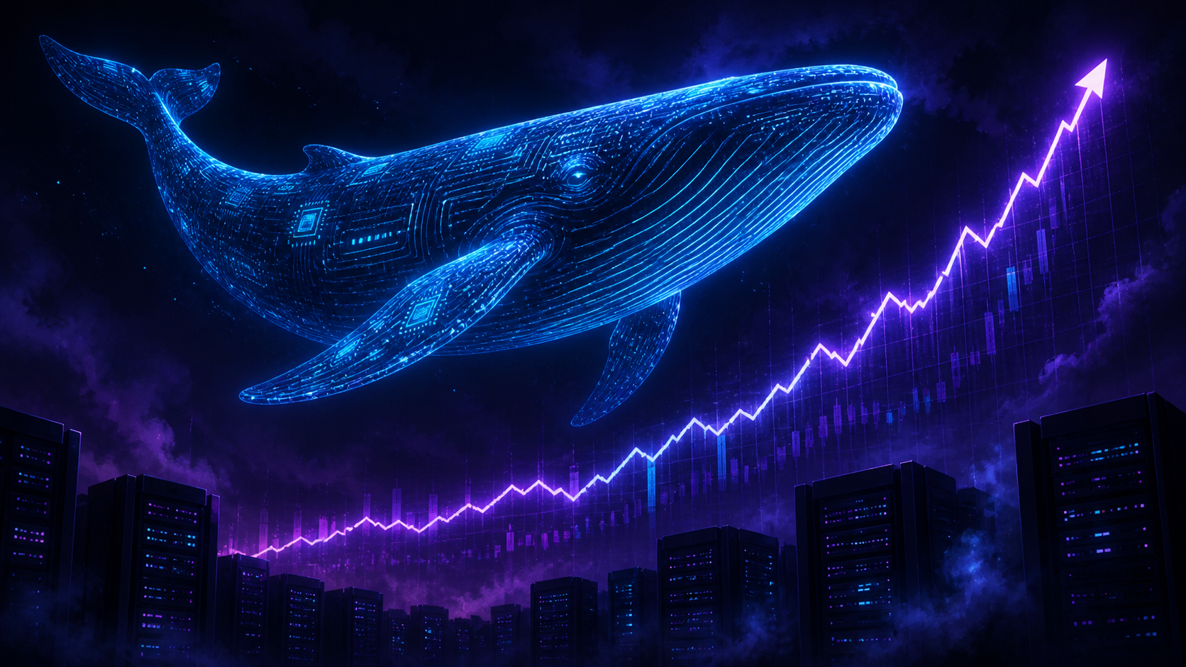 Illustration sombre d'une baleine lumineuse en circuits électroniques survolant une courbe de prix en forte hausse, serveurs en silhouette, style tech dark/cyberpunk.