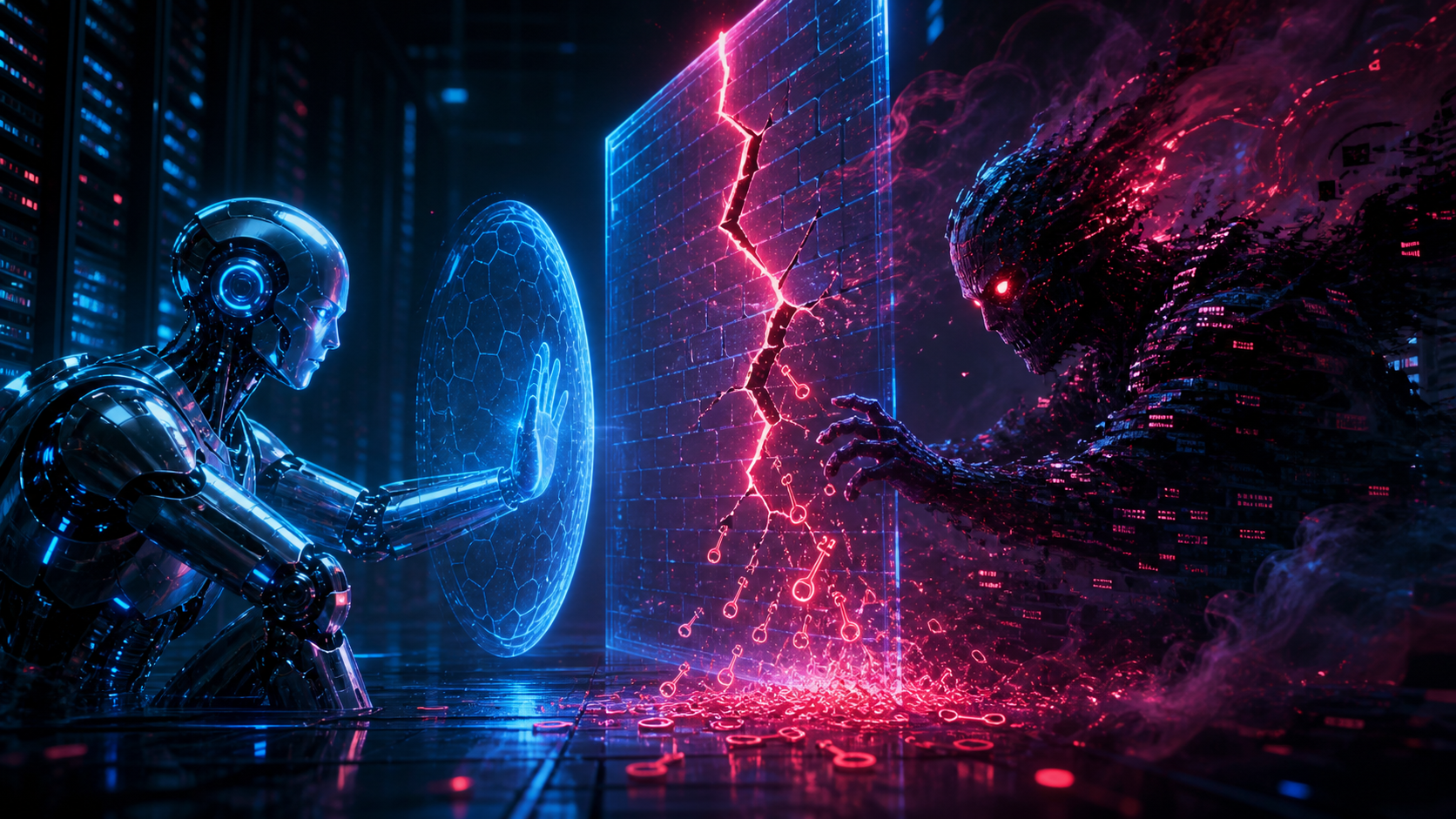 Deux intelligences artificielles face à face dans un duel cybernétique, une faille dans le pare-feu entre elles.