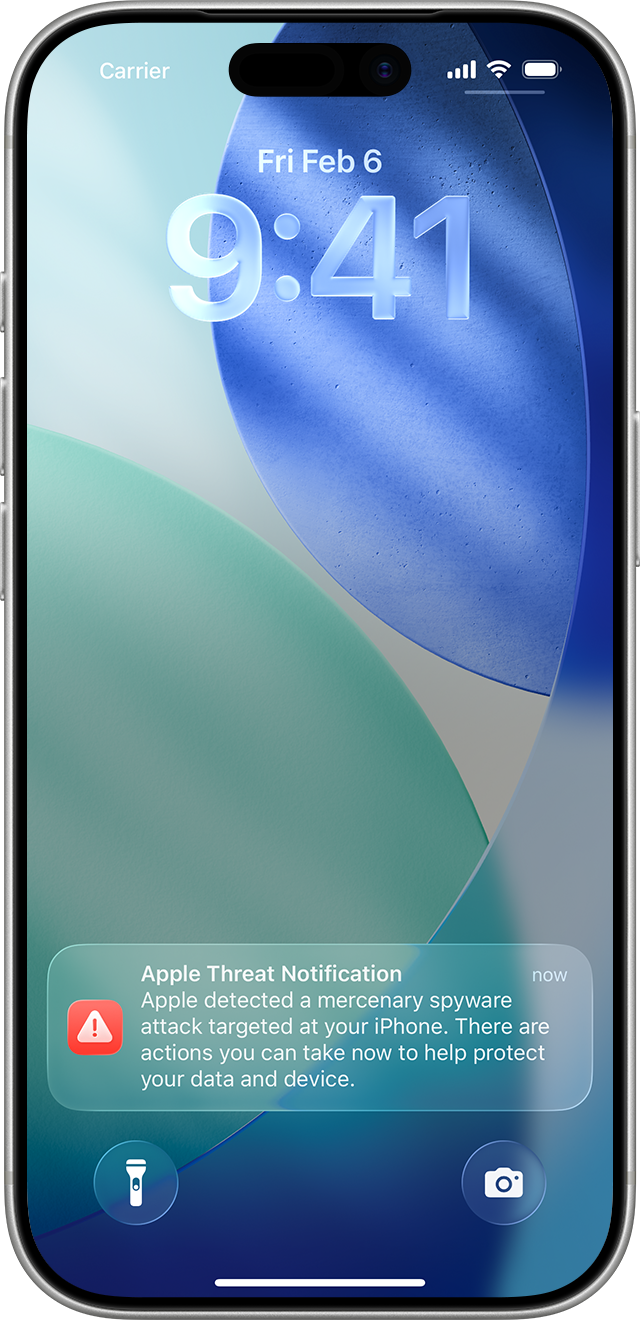 Alerte d'Apple concernant un logiciel espion affichée sur l'écran de verrouillage d'un iPhone (iOS 26)