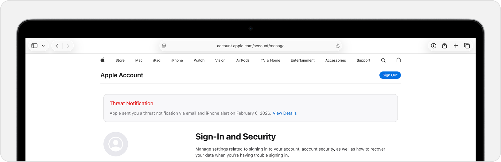 Bandeau d'alerte de sécurité affiché sur la page du compte Apple après connexion (account.apple.com)
