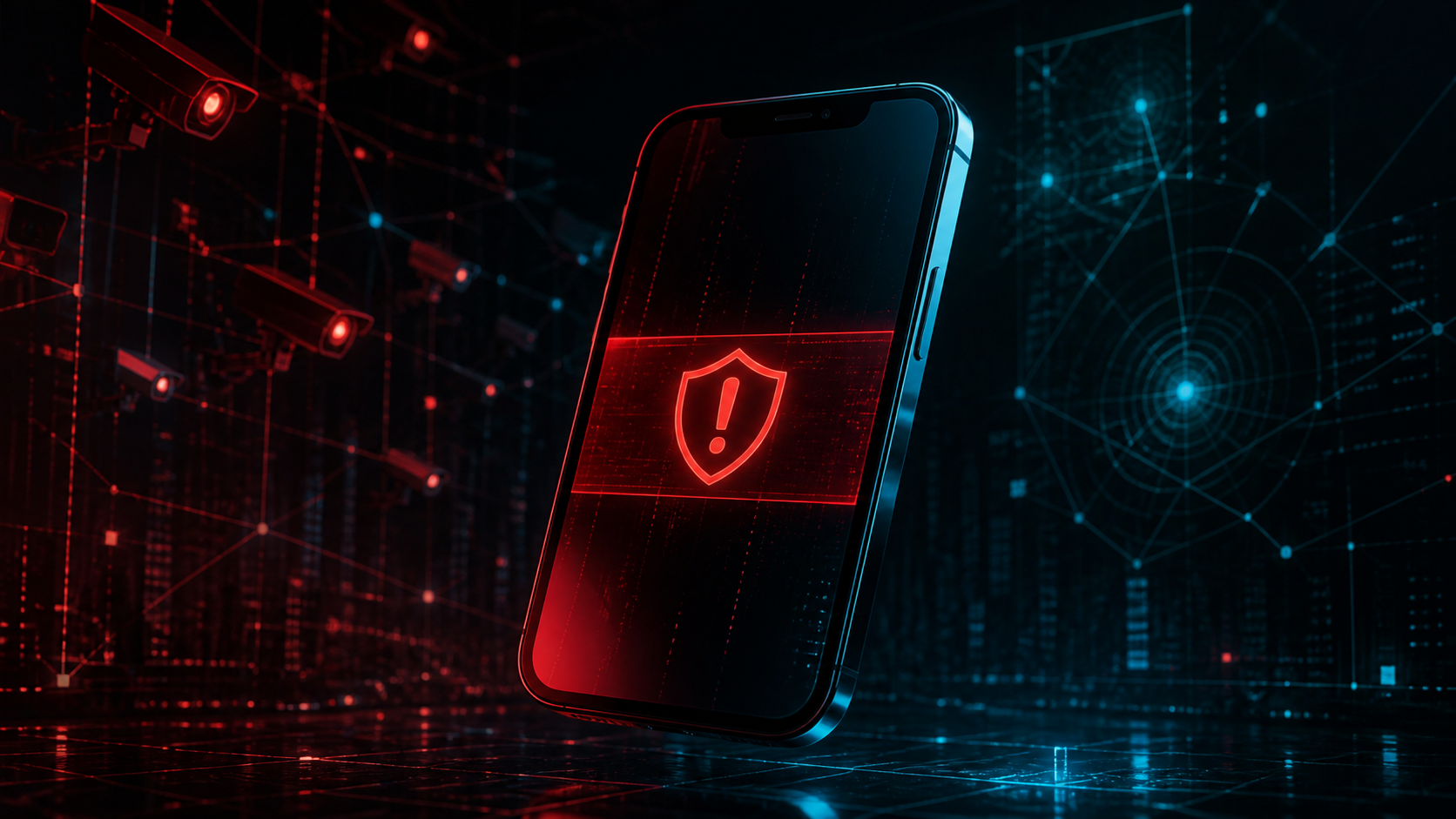 Illustration sombre d'un smartphone affichant une alerte de sécurité, ambiance cyberpunk rouge et cyan