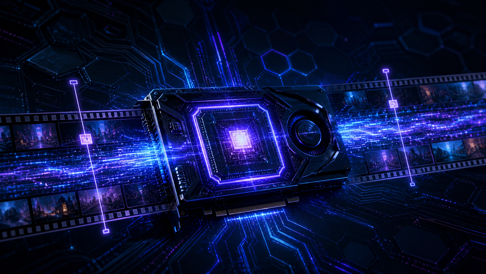 Illustration sombre d’une carte graphique lumineuse aux circuits néon bleu et violet, parcourue de flux de lumière évoquant un encodage vidéo accéléré, style tech dark.