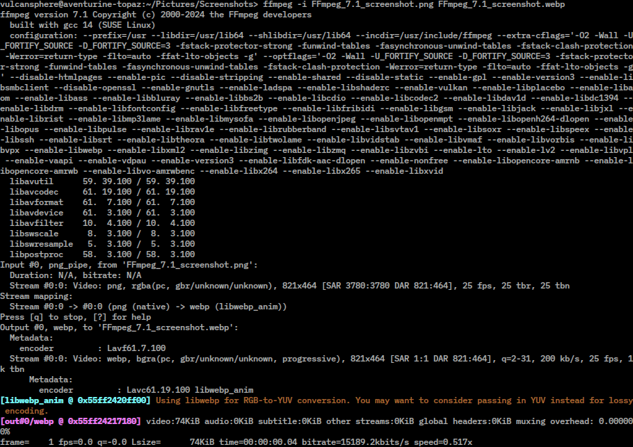 Une session de conversion d’image avec FFmpeg 7.1 dans un terminal Linux : l’outil affiche le détail de l’entrée, de la sortie et les options de compilation, dont le support Vulkan.