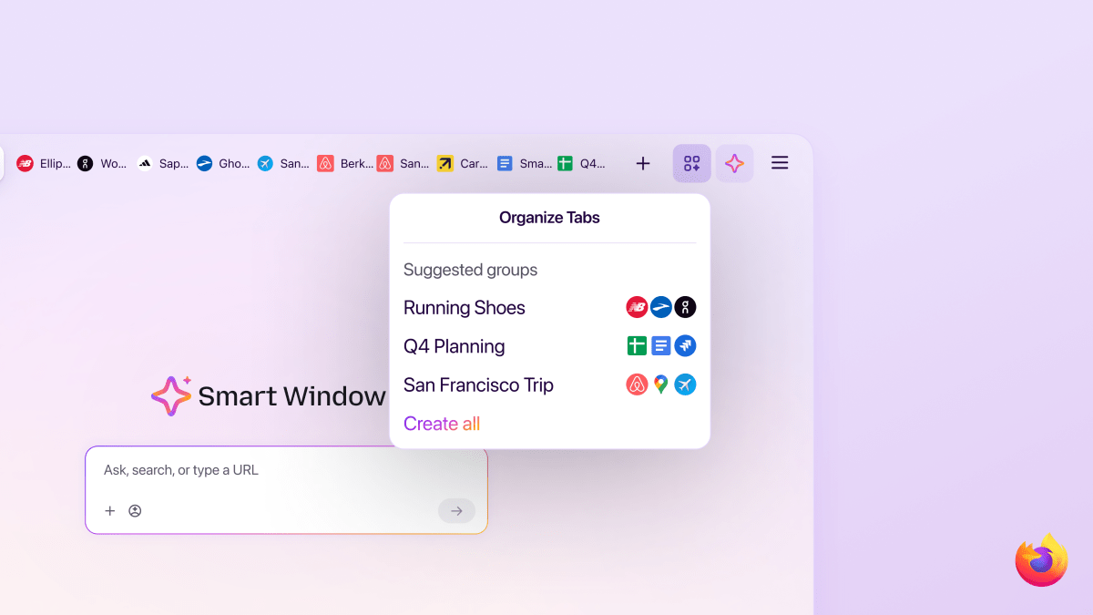 Visuel officiel de Mozilla montrant le mode Smart Window de Firefox et ses suggestions d'onglets.
