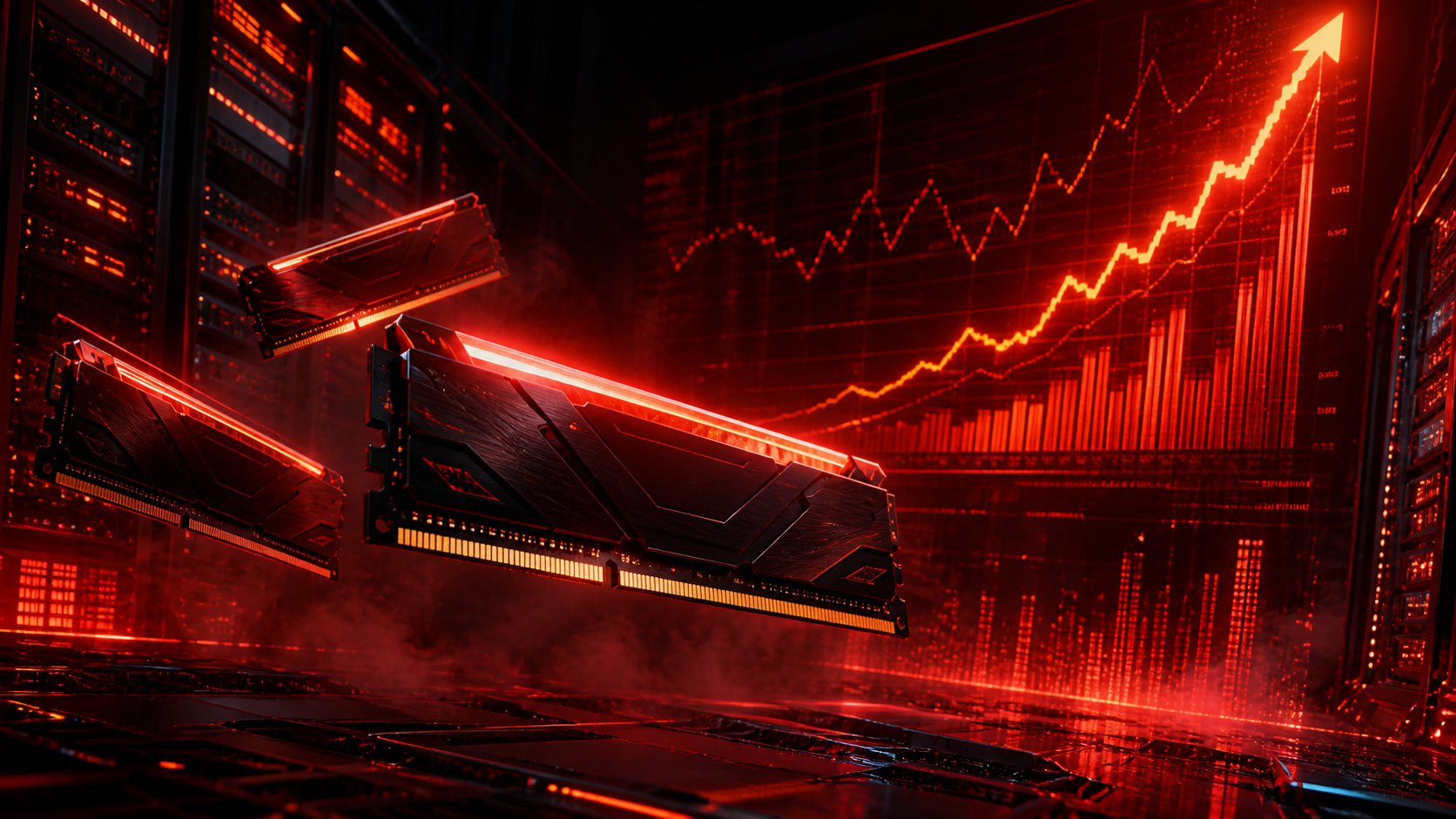 Illustration de barrettes de RAM DDR5 dans un serveur, avec une courbe de prix qui monte.