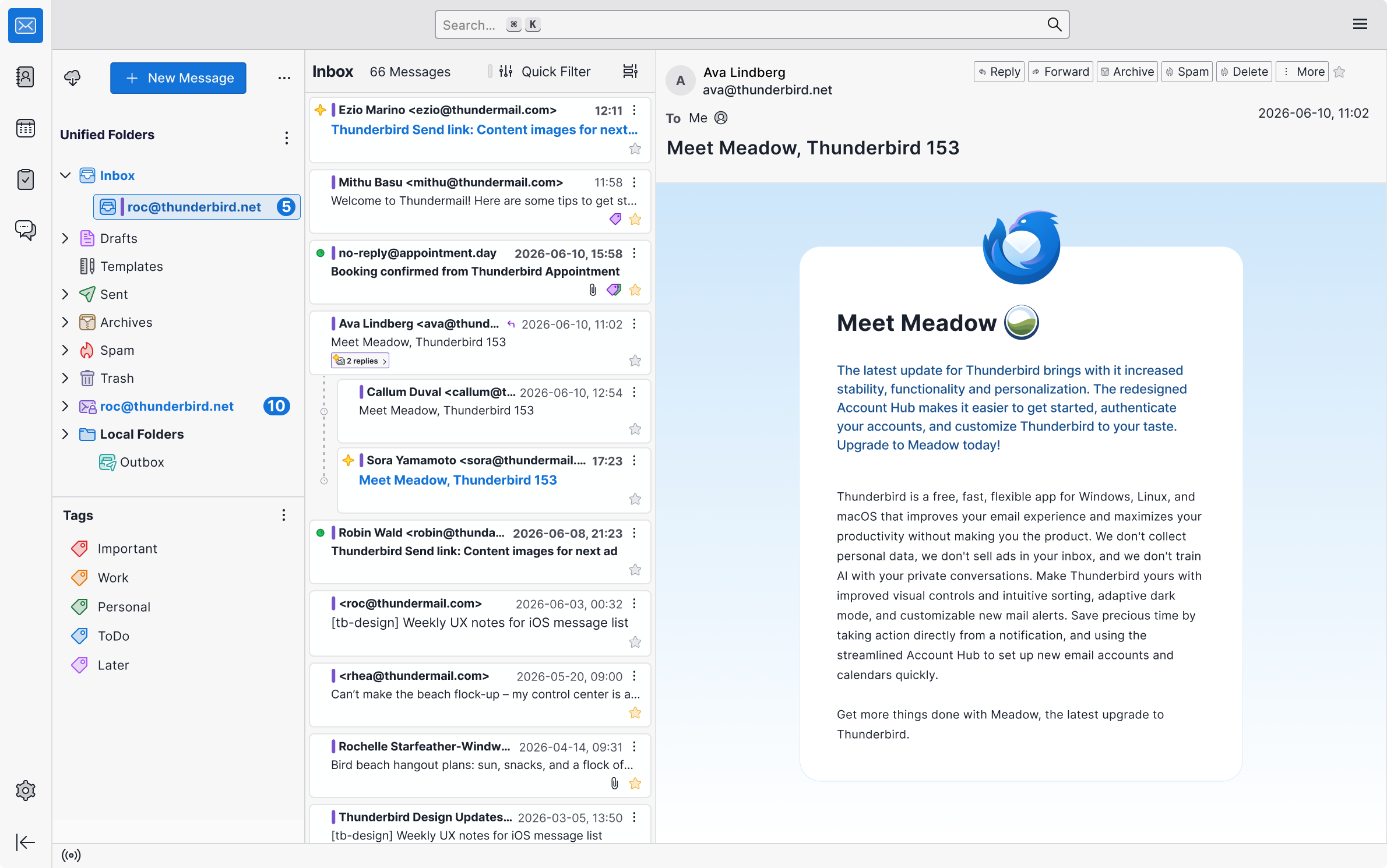 Capture officielle de l'écran de courrier de Thunderbird