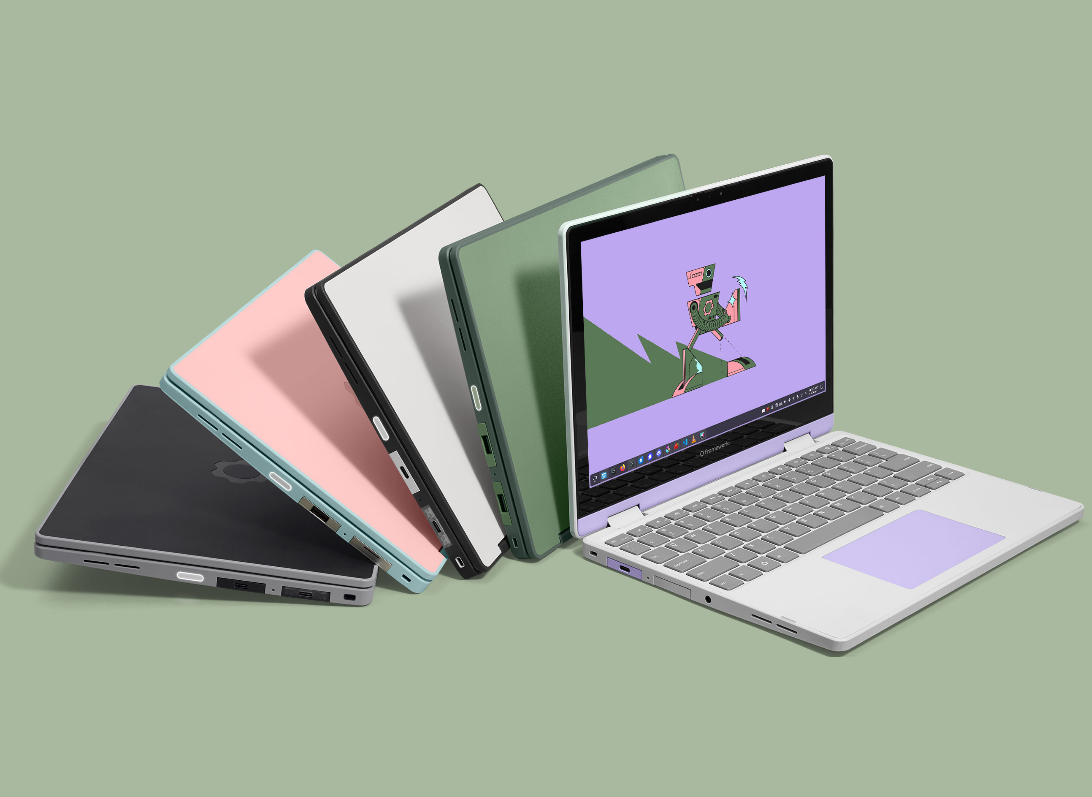 La famille Framework Laptop 12 dans ses cinq coloris, annoncée avec les processeurs Intel Core Series 3.