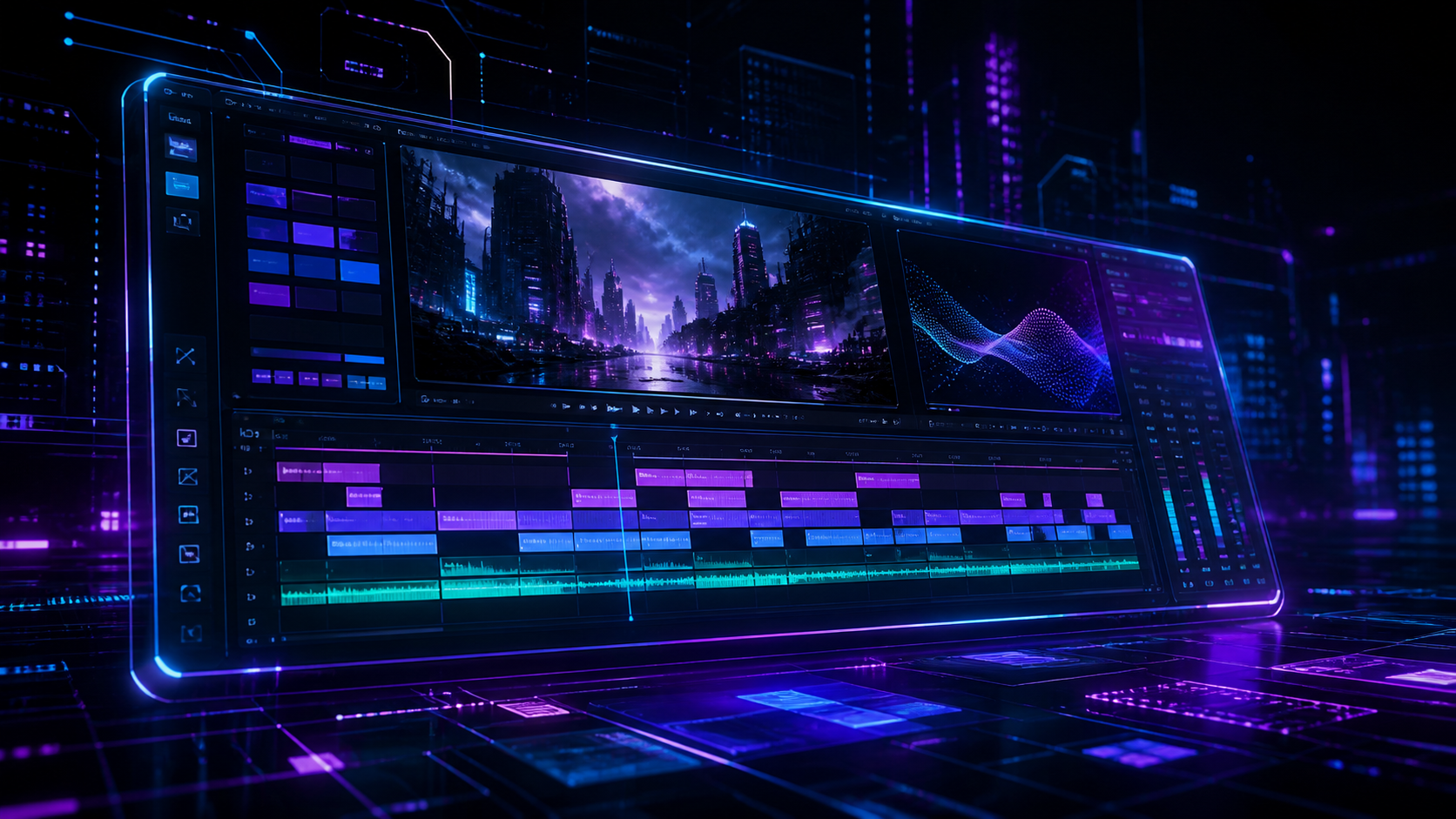 Illustration cyberpunk d'une interface de montage vidéo dans un espace numérique néon