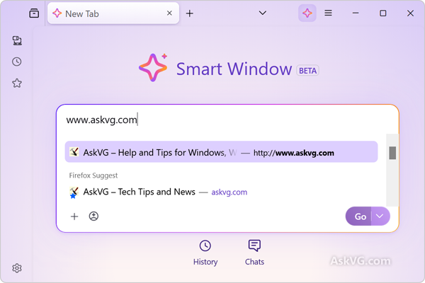 Barre d'adresse Firefox avec la commande rapide Manage AI pour contrôler les fonctions d'intelligence artificielle
