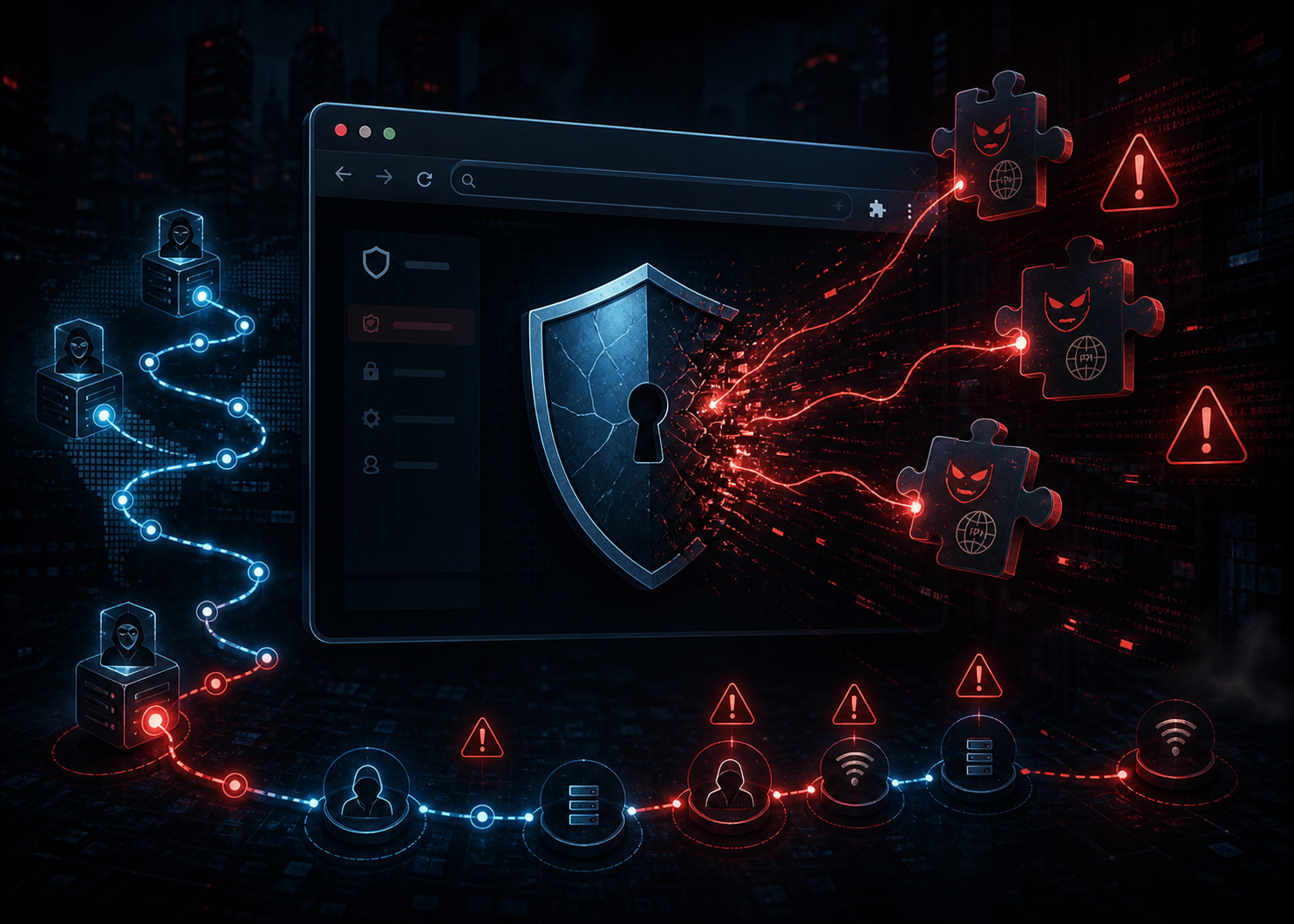 Illustration cybersecurity montrant un navigateur web avec un bouclier VPN falsifié