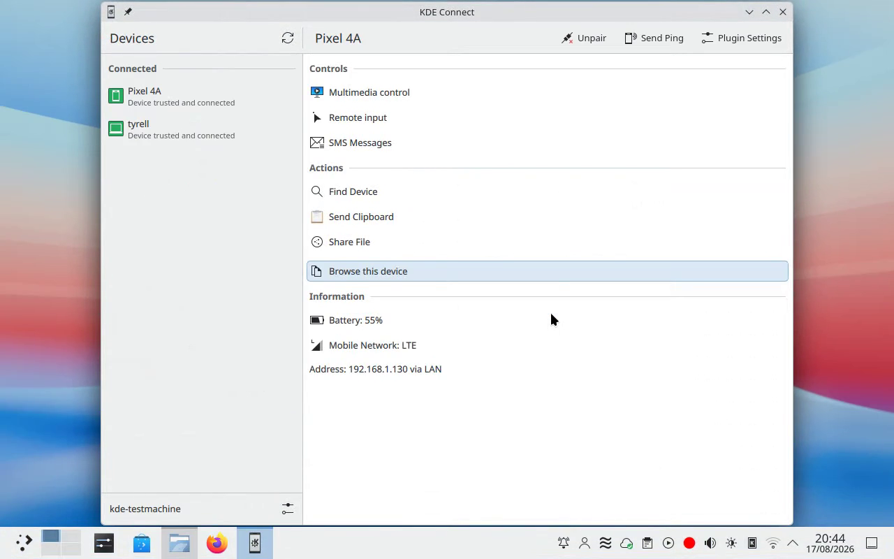 Capture de Dolphin dans KDE Gear 26.08, montrant l’intégration avec KDE Connect
