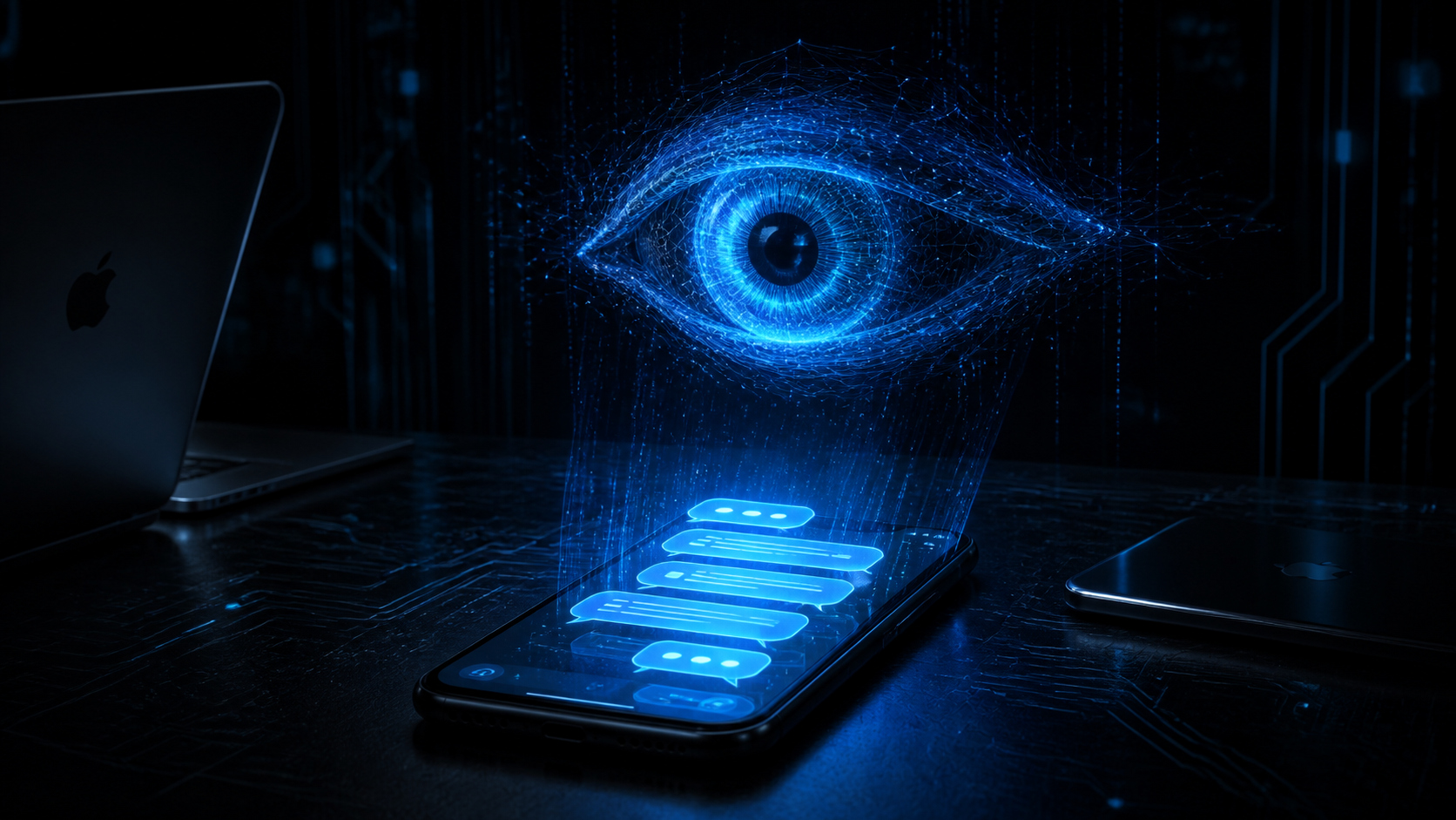 Illustration sombre style cyberpunk d'une interface de messagerie observée par un œil d'IA lumineux bleu, circuits et binaire en arrière-plan.