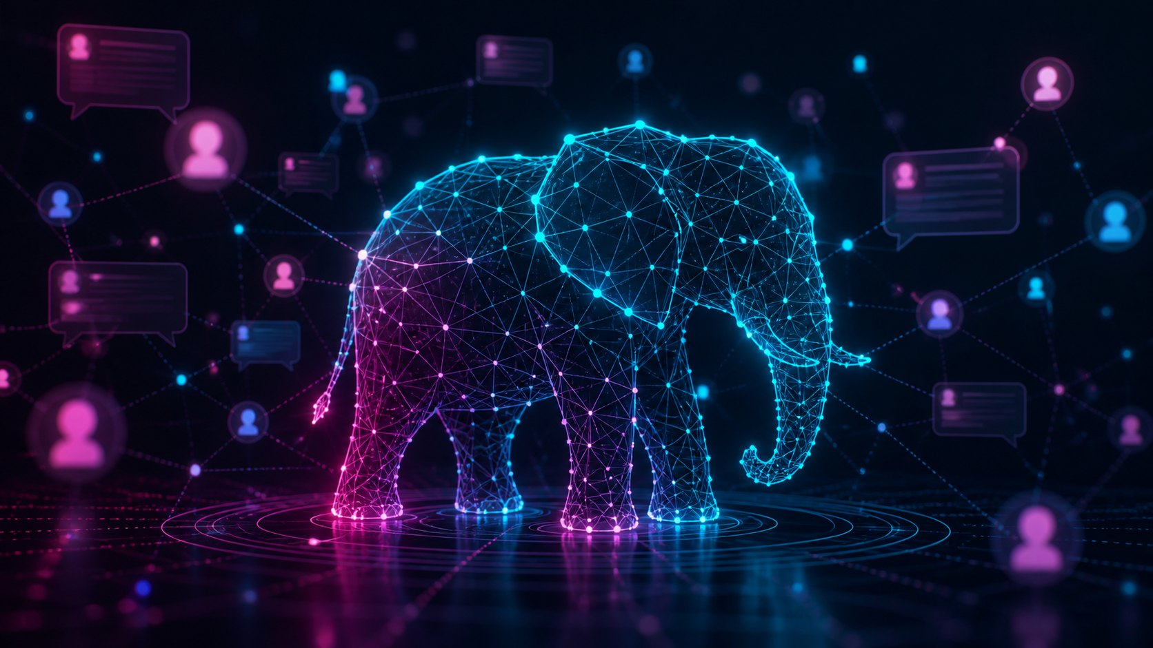 Illustration d'un réseau social fédéré, éléphant stylisé en nœuds de réseau