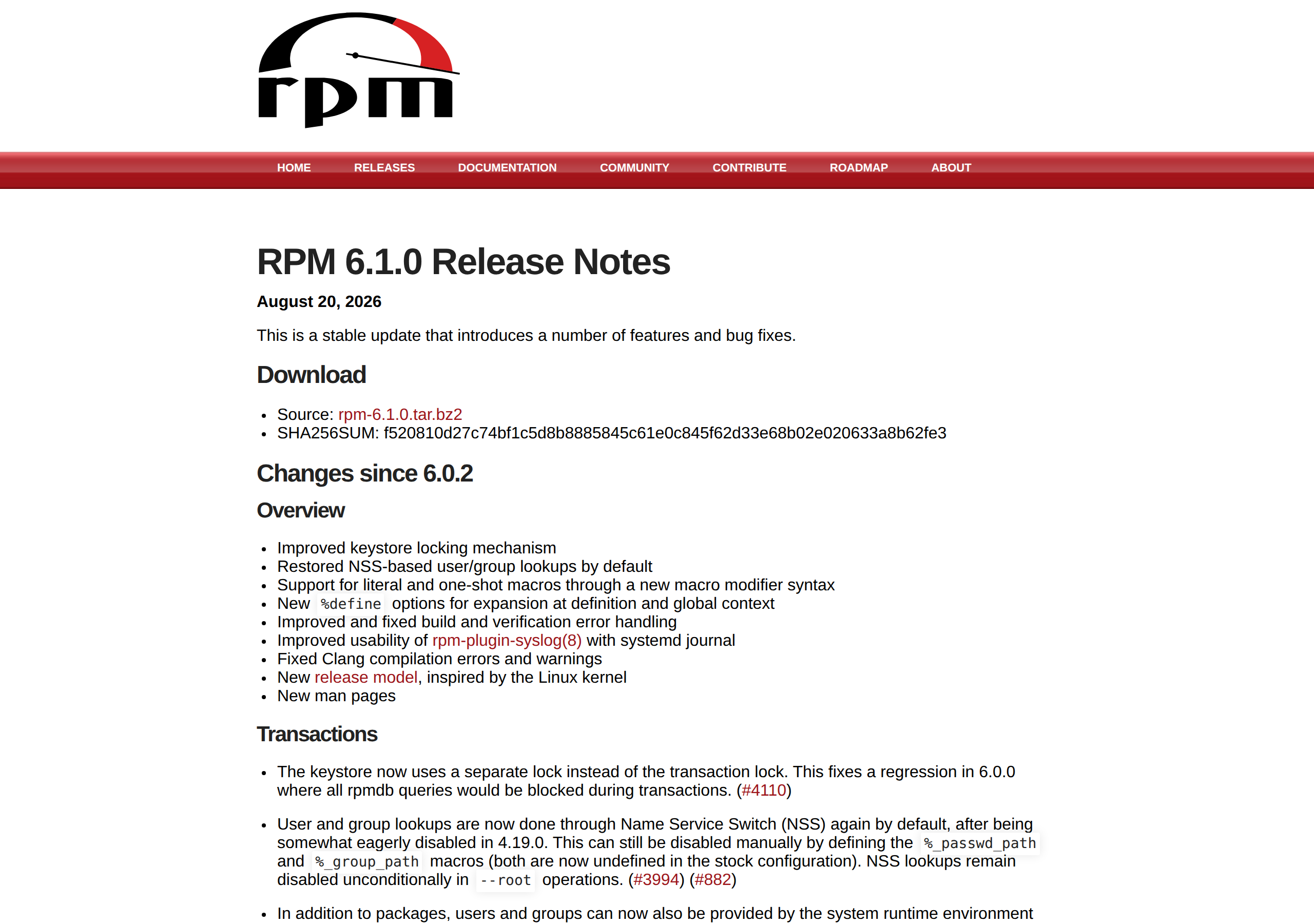 Notes de version de RPM 6.1 sur le site officiel du projet