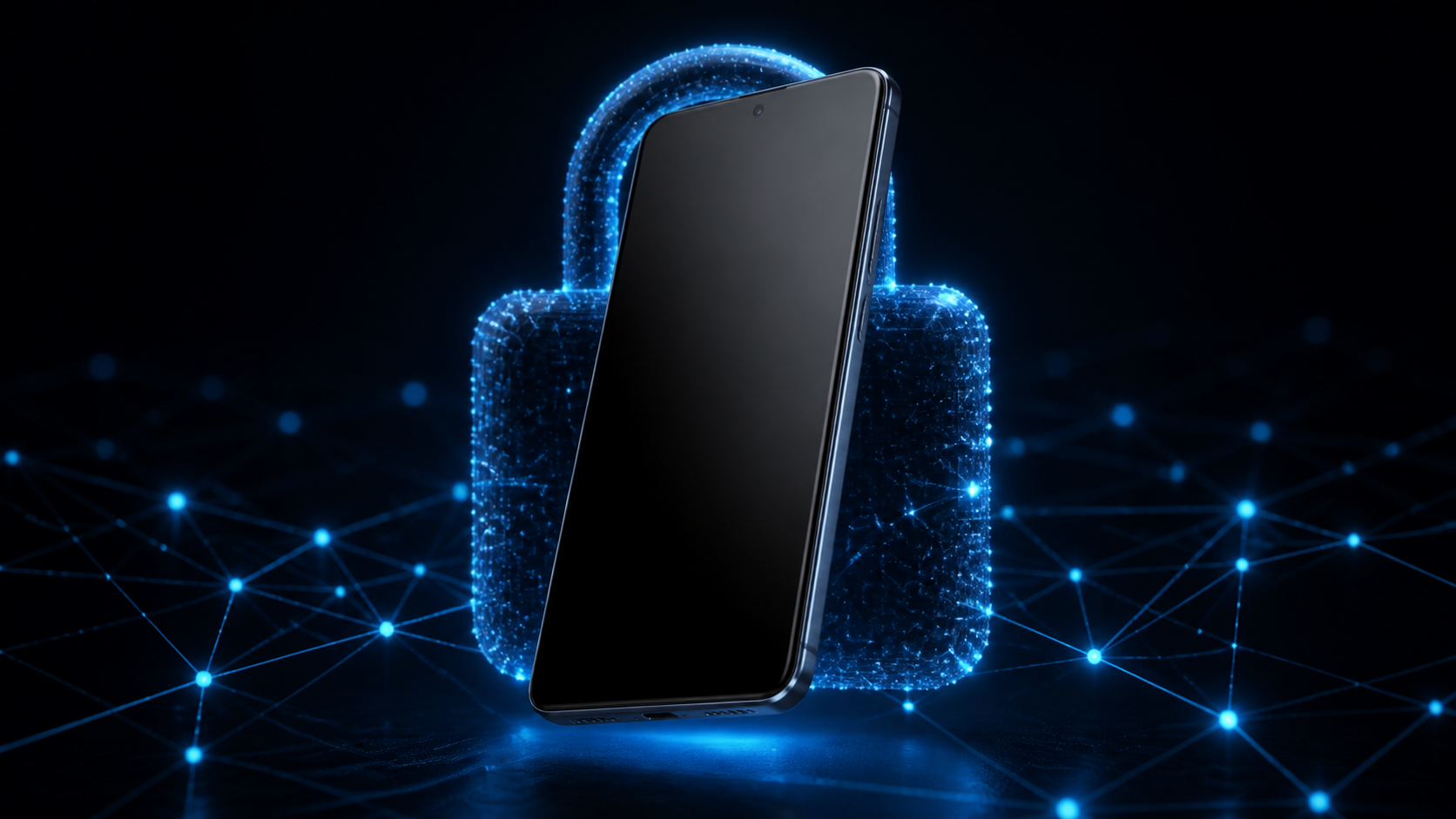 Un smartphone dégooglisé posé sur un fond sombre aux accents cyberpunk, symbole de vie privée.