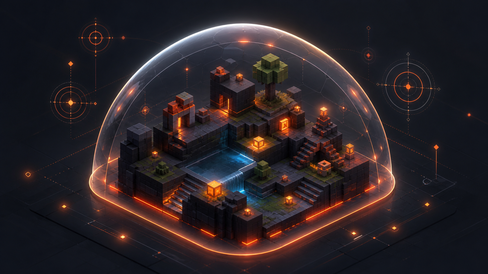 Une plateforme de jeux voxelisée protégée dans une bulle avec des points de surveillance.