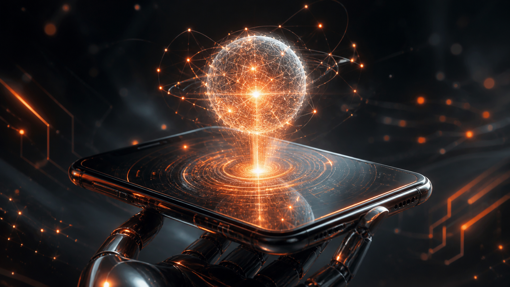 Un smartphone surmonté d’une sphère IA rayonnante.