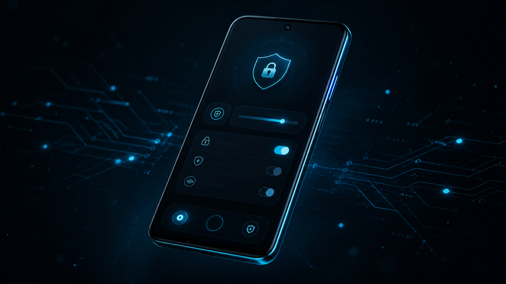 Smartphone moderne lumineux flottant dans l’obscurité, style tech sombre avec accents bleus, évoquant un téléphone tourné vers la confidentialité.