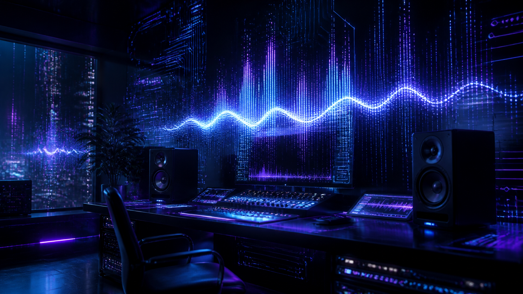 Studio audio sombre et futuriste avec des ondes sonores lumineuses, ambiance néon, illustration IA.