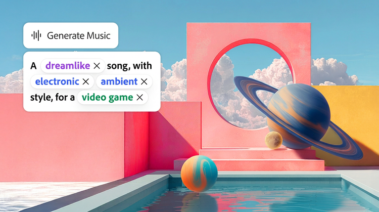 L’annonce d’Adobe Firefly présente Generate Music, illustrée par une scène de planètes créée avec l’outil.