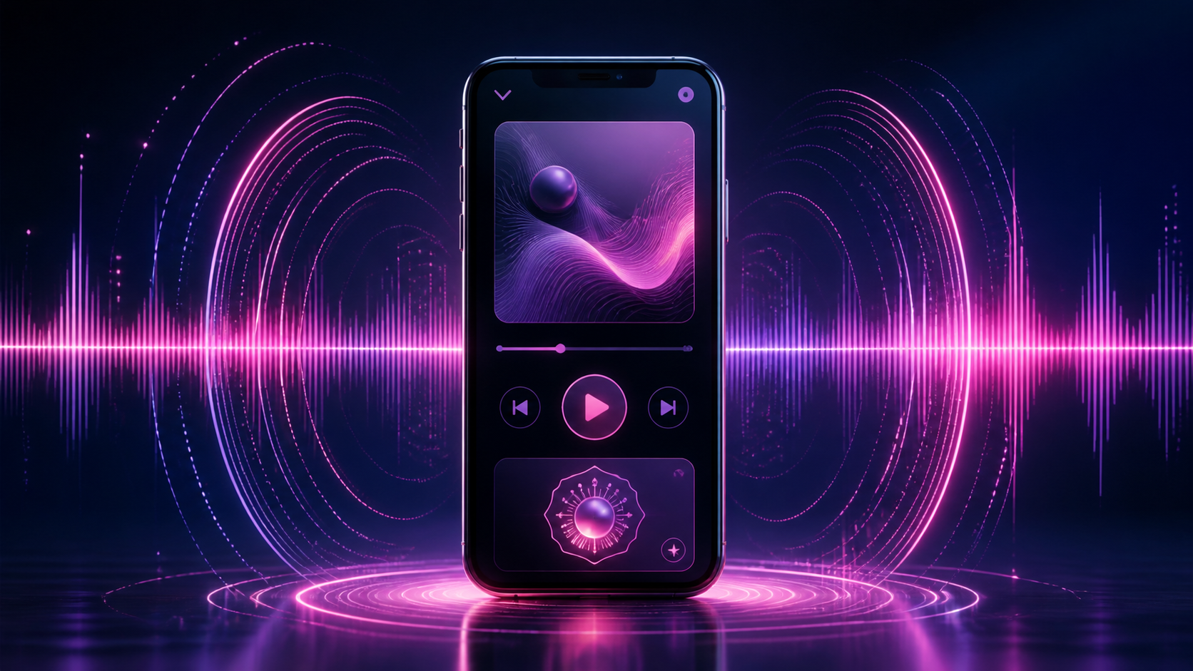 Studio musical sombre et futuriste, téléphone affichant un lecteur avec une étiquette « Made With AI », vagues sonores néon, illustration IA.