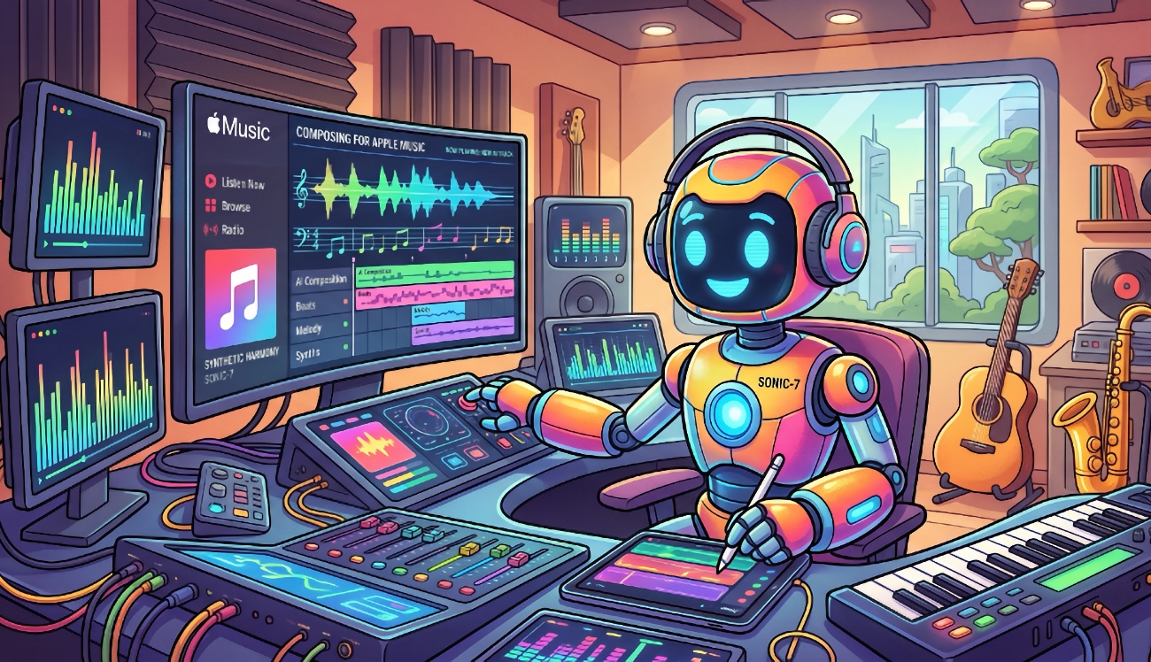Interface d'Apple Music, la plateforme qui va afficher une étiquette « Made With AI » sur les morceaux générés par IA.