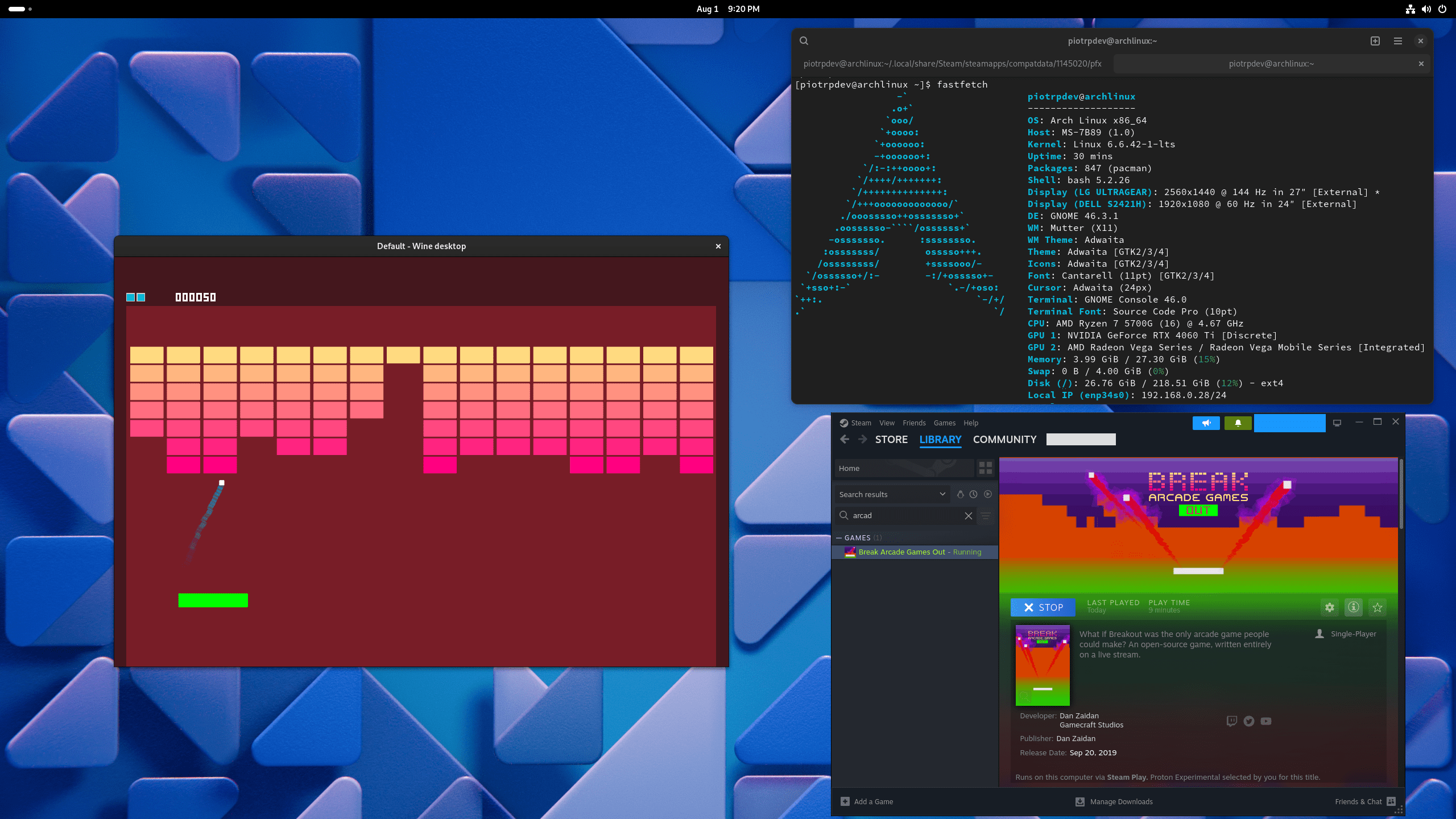 Capture d'écran du jeu Break Arcade Games Out lancé sur Arch Linux via Proton, dans une fenêtre de bureau Wine, avec Steam à l'arrière-plan.