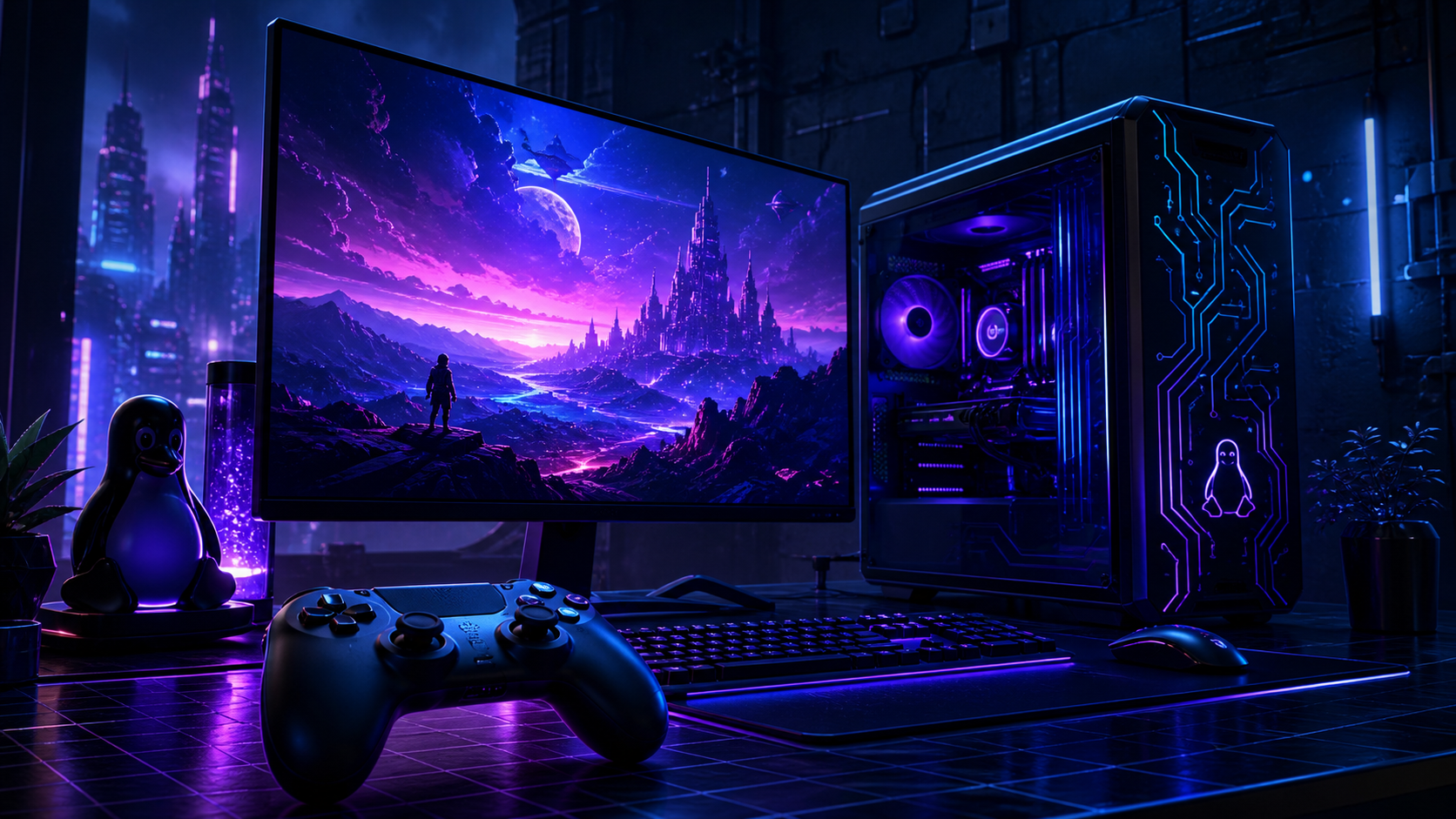 Illustration dark/cyberpunk d'un poste de jeu sous Linux, manette et écran lumineux.