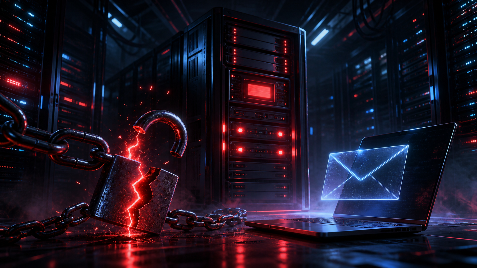 Illustration dark/cyberpunk d'un serveur d'email sous verrou défaillant, alerte rouge.