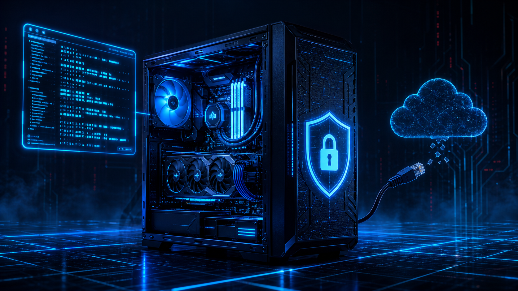 Illustration dark/cyberpunk d'un serveur local auto-hébergeant des LLMs (Ollama, llama.cpp), câble réseau débranché du cloud, bouclier de vie privée, néon bleu.
