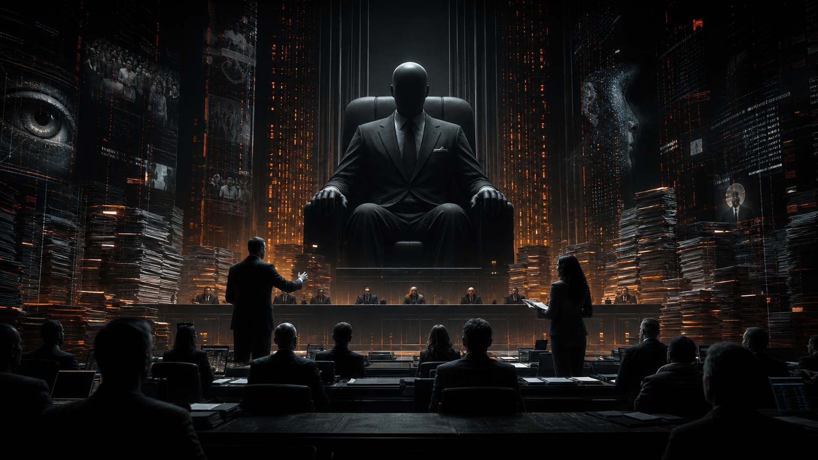 Illustration : silhouette géante et sans visage d'une corporation tech au box des accusés, entourée de documents internes, fond sombre avec accents orange.