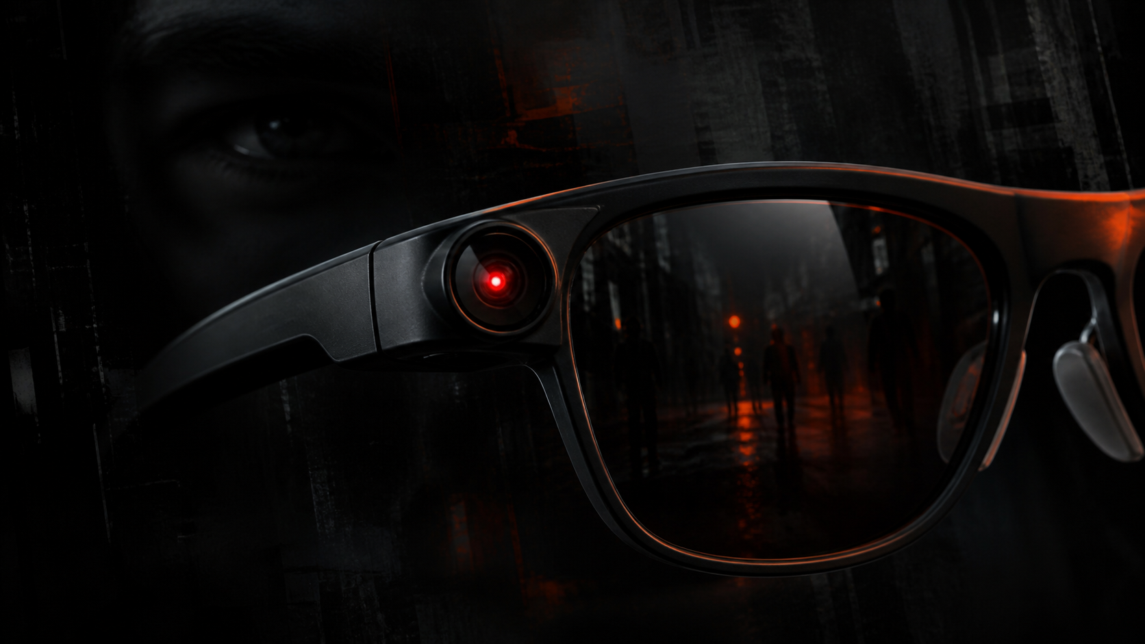 Lunettes connectées Meta dans un décor sombre, caméra active