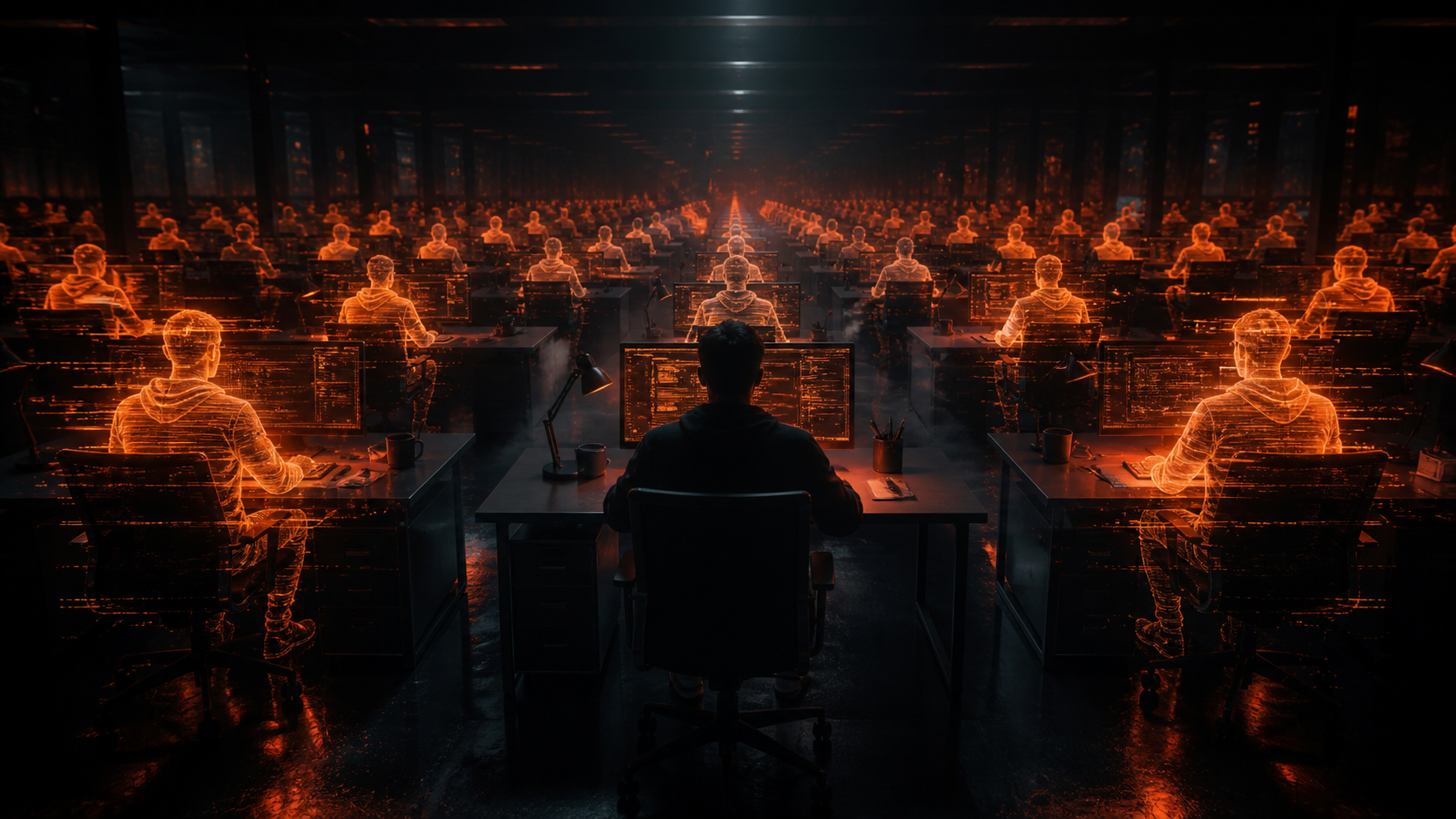 Illustration : un humain entouré de clones holographiques de lui-même travaillant dans un open space sombre.