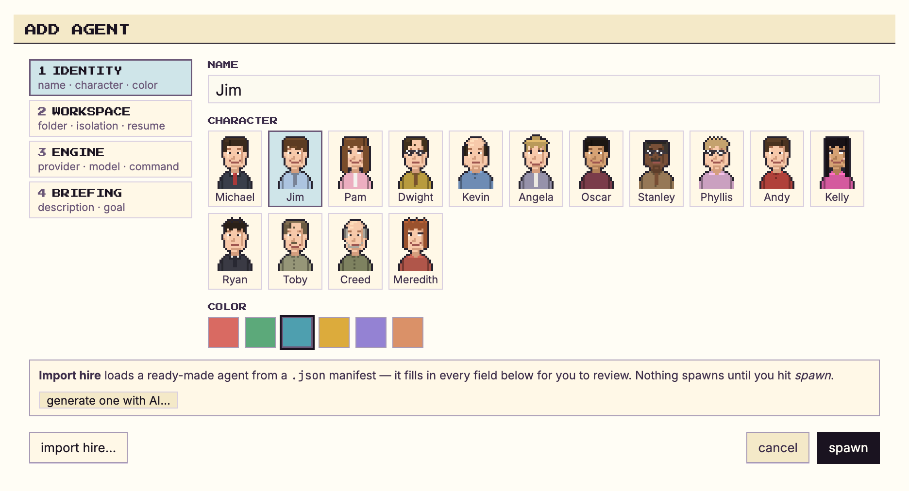 Fenêtre « Add Agent » de Munder Difflin : on nomme son clone, on choisit son avatar pixelisé et sa couleur dans la distribution.