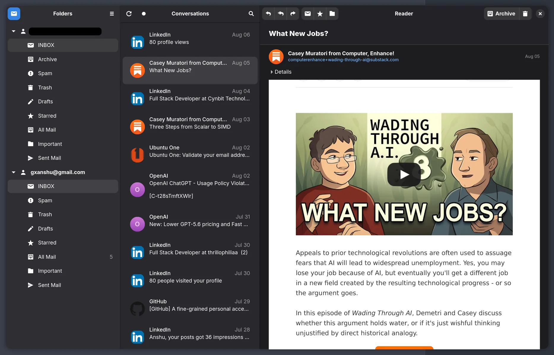 Capture d'écran de Postcard, le client mail pour GNOME, montrant la liste des conversations et le volet de lecture