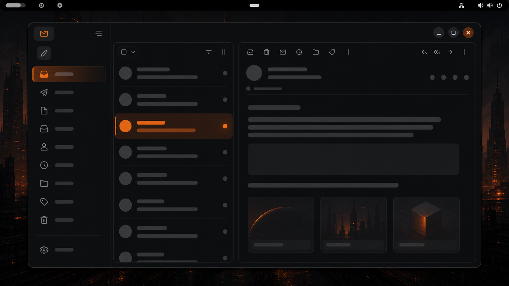 Illustration d'un client mail moderne sur un bureau GNOME sombre