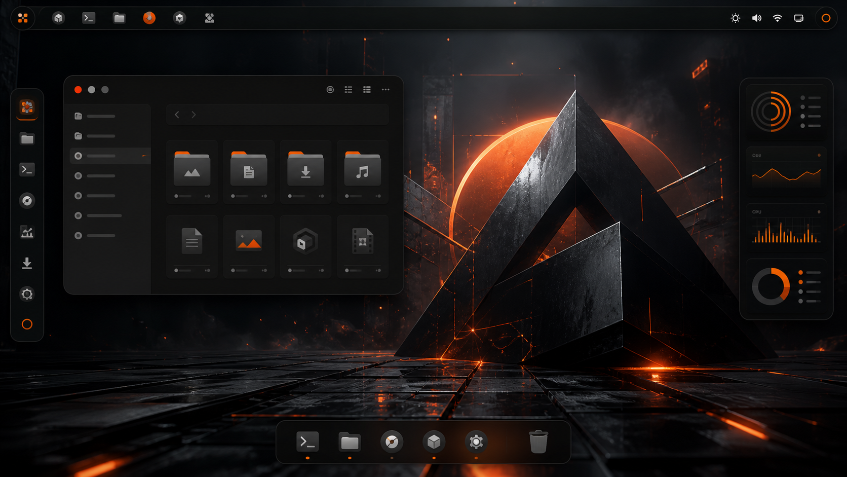 Illustration d’un bureau Linux sombre avec une barre de panneau flottante et des accents orange.