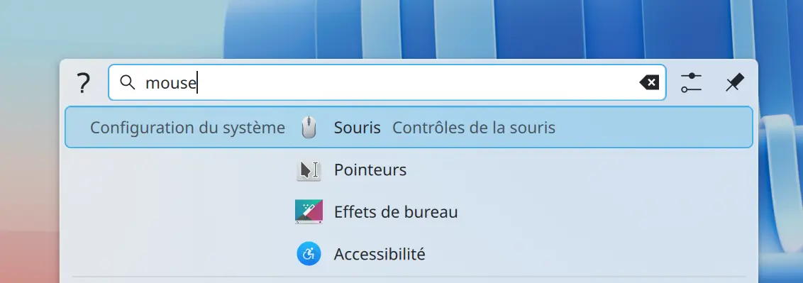 Recherche dans les réglages de Plasma 6.8 : taper « mouse » trouve la page « souris » en français.