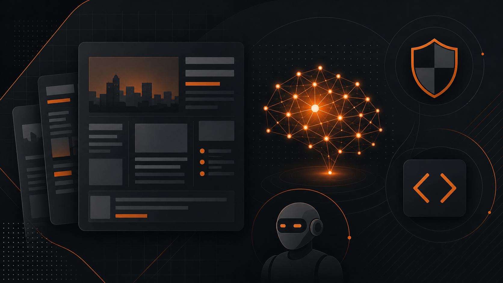 Illustration sombre d'un récapitulatif d'actualité tech avec accents orange.