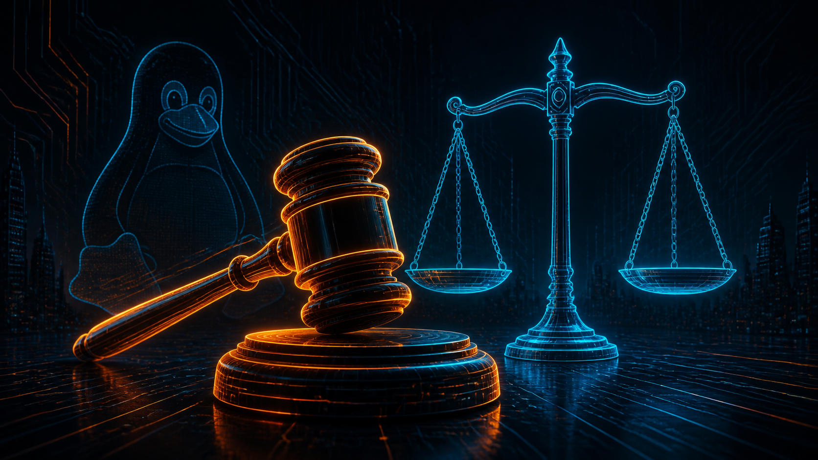Illustration IA : un marteau de juge et une balance de justice en néon orange et cyan sur fond sombre, avec des motifs de circuits et un manchot Linux en silhouette