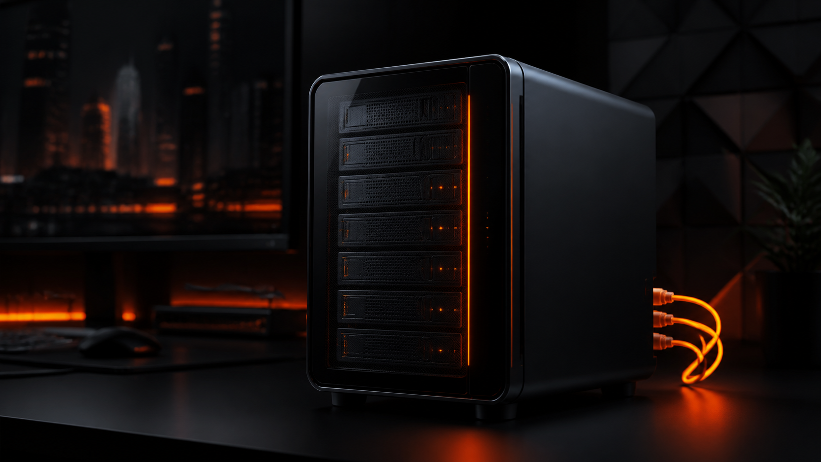 Illustration IA de couverture : un serveur de stockage NAS dans un setup maison, ambiance sombre et touches orange