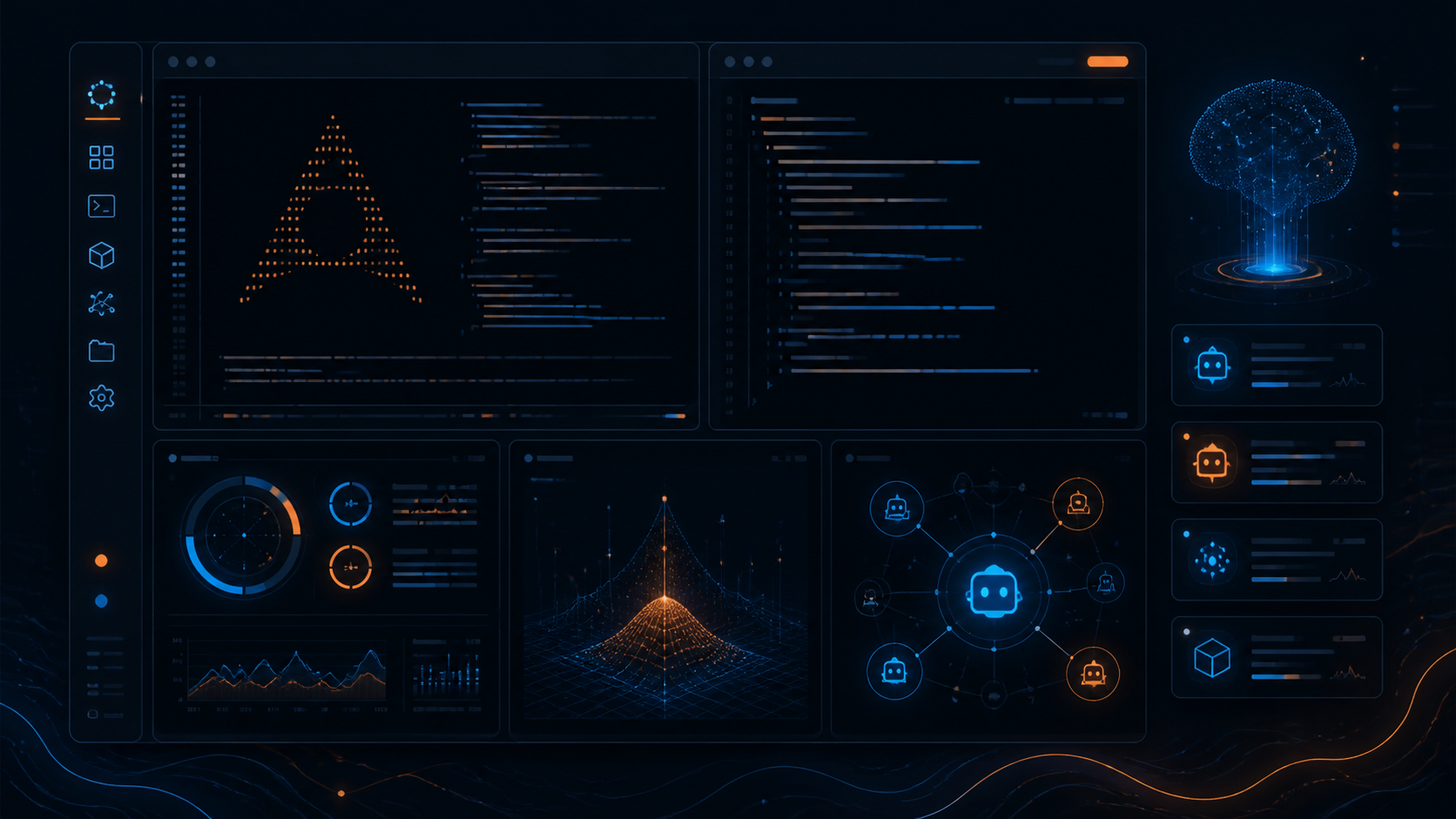 Illustration d'un bureau Linux moderne avec fenêtres en tiling et accents orange, évoquant Omarchy
