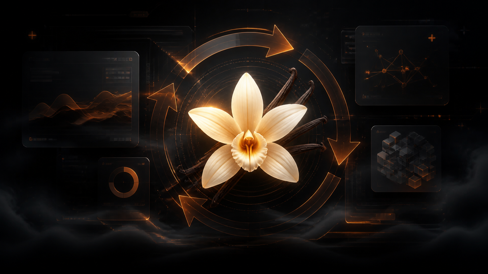 Illustration sombre avec un motif de fleur de vanille et des panneaux d'interface, évoquant Vanilla OS