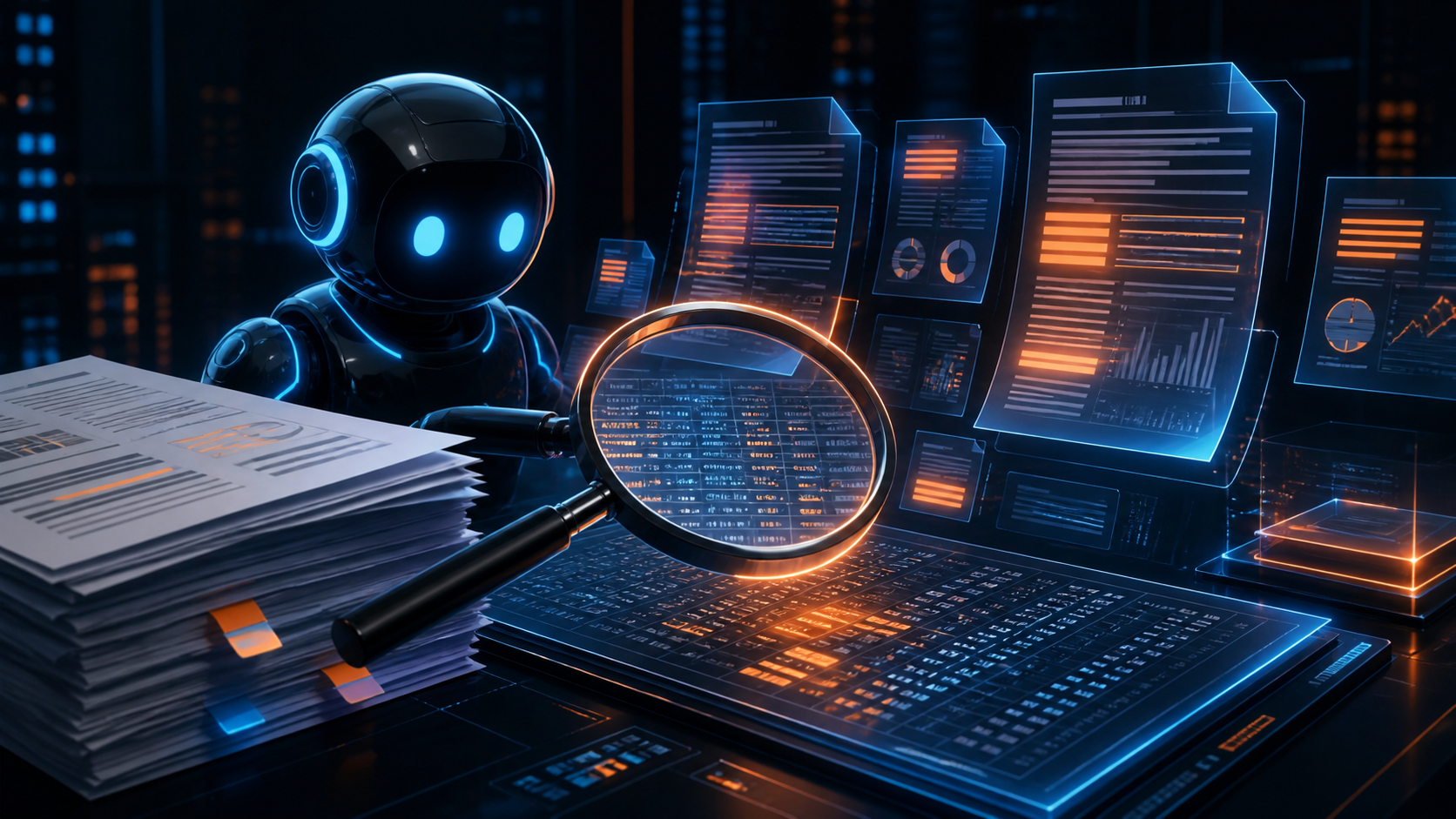 Illustration IA d'un assistant qui parcourt des documents financiers pour vérifier ses réponses