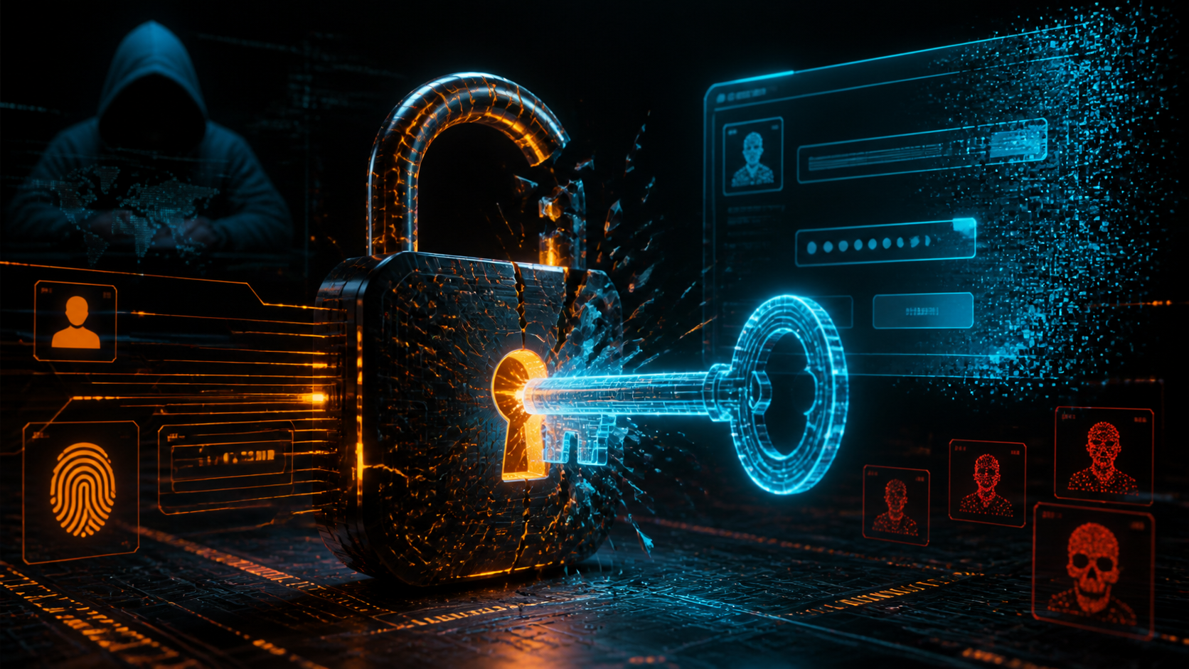 Illustration d'un cadenas fissuré par une clé numérique, concept de vol d'identité