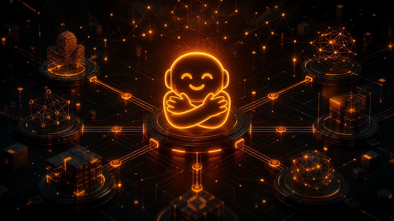 Illustration sombre d'un hub central de modèles d'IA, emblème souriant entouré de nœuds connectés et de lignes de réseau, touches orange.